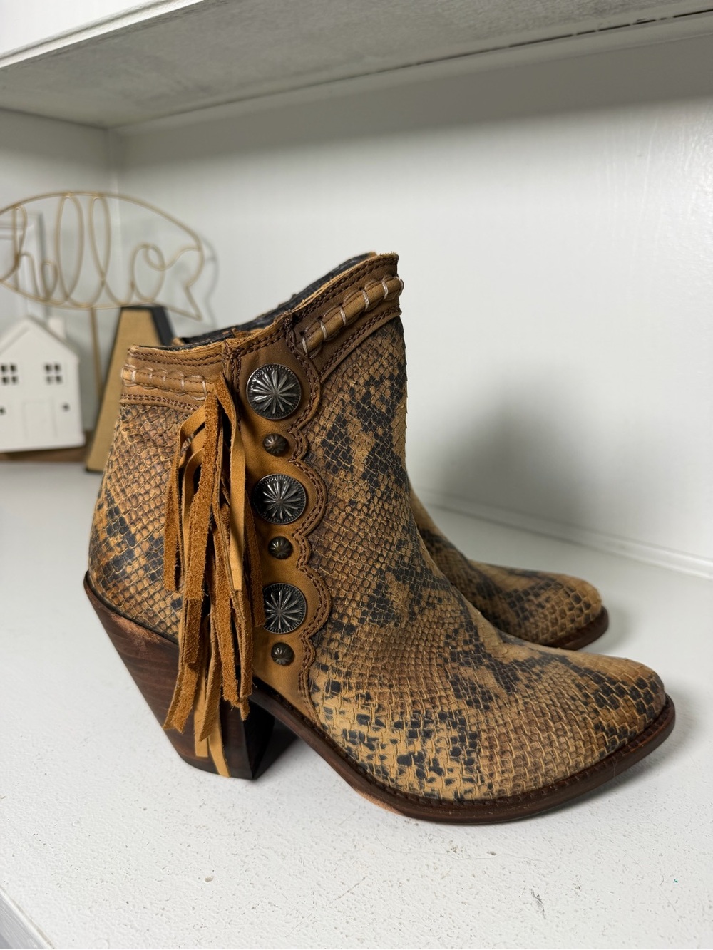 Liberty Black Boots Women 11 NWT Snakeskin Fringe Western Ankle Booties Handmade - Picture 4 of 10
